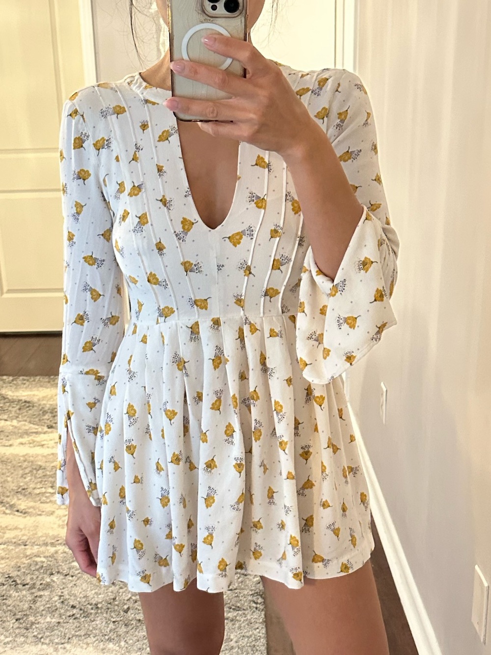 Free People White Mini Dress with Yellow Floral Print